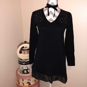Style&Co Black Studded Grommet Mixed Media Long Sleeve Tunic Sweater Small